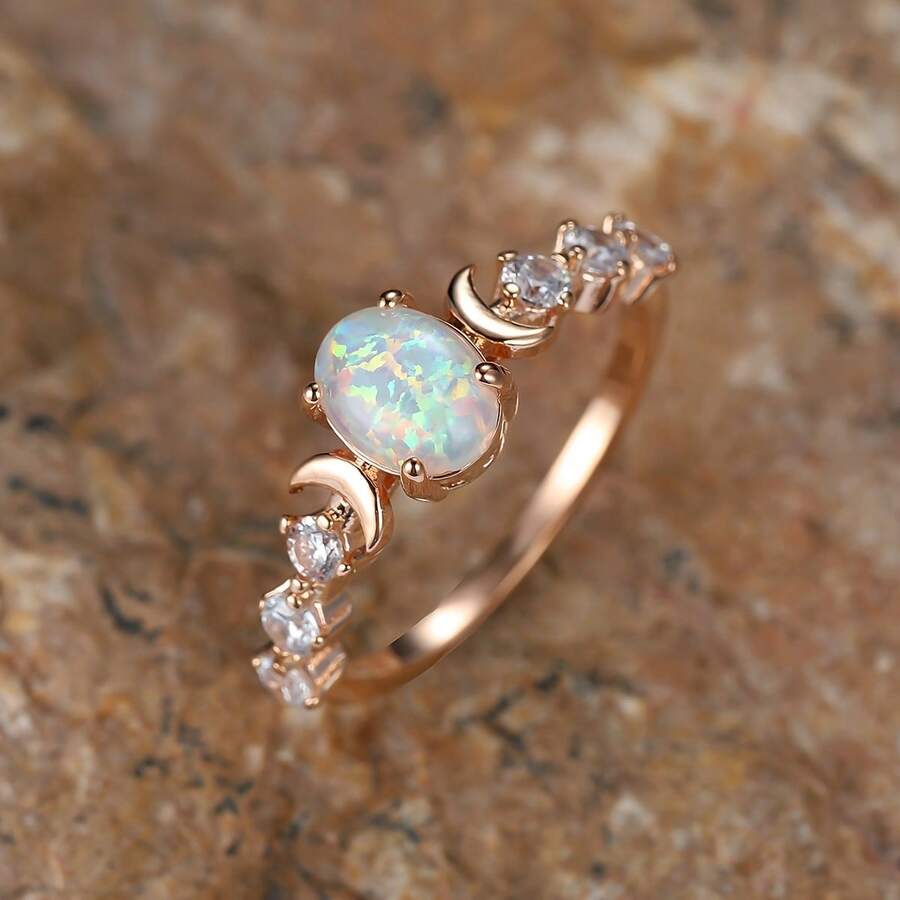 Rainbow White Fire Synthetic Opal Ring | Rose Golden Color, Small Moon Rings, Elegant Vintage Style, 14K Golden Plated, Oval Stone Engagement Ring For Women, Suitable For Daily And Party Occasions - 6 - 查看 1
