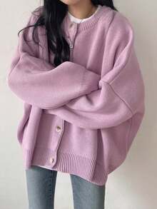 EAVA Gentle Lavender Purple Solid Color Long Sleeve Knit Cardigan, Single-Breasted Regular Length Slightly Elastic Skin-Friendly Women's Cardigan - Mauve Purple - View 6