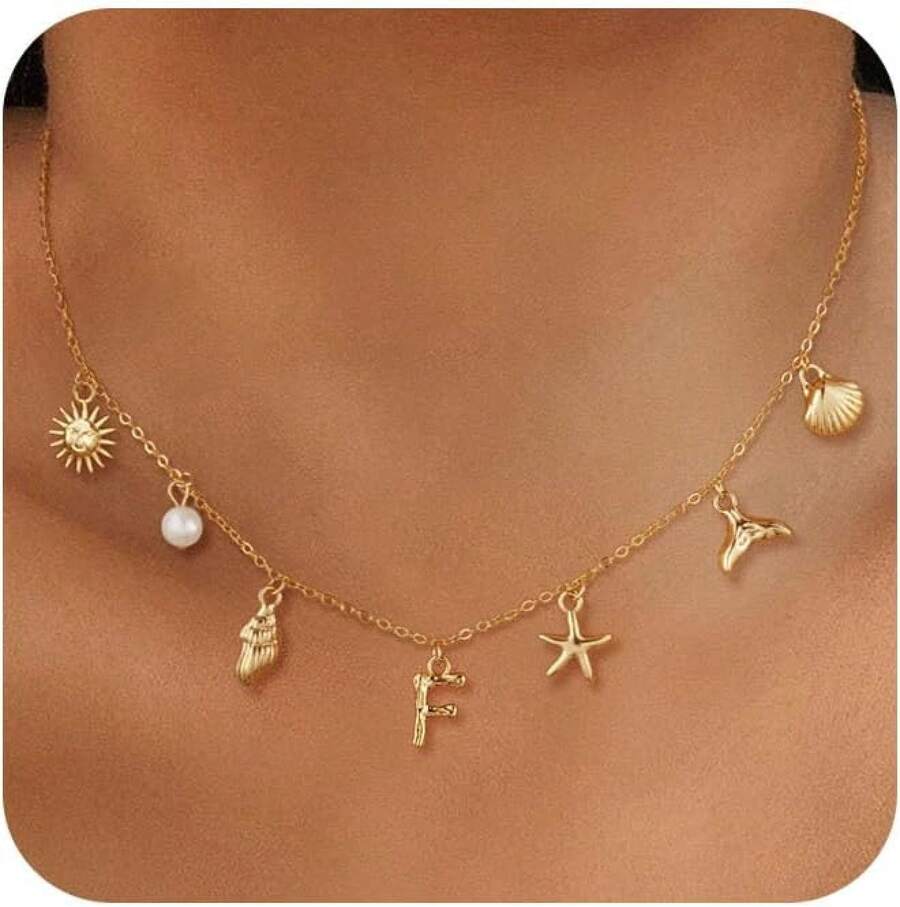 CAROVO Gold Initial Charm Necklace Women Letter A-Z Necklace 14K Gold Plated Charm Pendant Necklace Boho Summer Seashell Beach Starfish Surfer Jewelry - f - 查看 1
