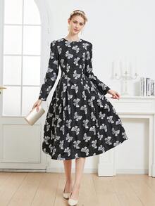 Luxury Jacquard Long Sleeve Elegant Party Dress For Women, Autumn/Winter