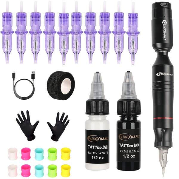 Wireless Tattoo Machine Kit, Includes: 1 Bottle 15ml White Tattoo Ink, 1 Bottle 15ml Black Tattoo Ink, 10 Professional Tattoo Needles + 10 Random Color Ink Cups, 1 Data Cable, 1 Pair Black Disposable Gloves, 1 Roll Black Tattoo Bandage, Long-Lasting Battery, Supports Fast Portable Charging, Stable Operation, Suitable For Beginner Tattoo Artists