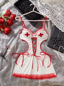1pc Women's Sexy Lingerie,Contrast Lace,Criss Cross,Lace Up,Cut Out, Nurse-Themed Role Play Costume Halter Dress. - Red and White - View 3