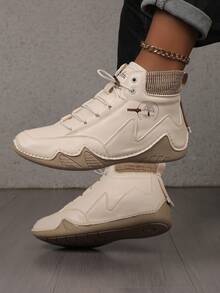 2025 年秋冬女士休闲一脚蹬踝靴，手工缝制，橡胶防滑外底，百搭时尚，适合所有季节 - 米色 - 查看 6