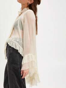 Women's Ruffled Tops Bow Tie Design Long Sleeve Peplum Lace Trim Chiffon Shirt Sheer V Neck Boho Ruffle Beach Blouse - Màu be - Xem 3