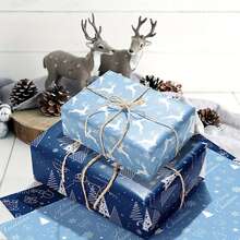 12 piezas Papel de regalo azul de Navidad - Patrón de copos de nieve y renos, para cajas de regalo, recuerdos y decoración, papel de regalo de Navidad, decoraciones de fiesta de Navidad, patrón aleatorio