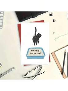 Whimsical, Funny Cat Litter Box Birthday Card - Perfect For Him, Her, Colleagues, Family & Friends | Unique Greeting Card With "Happy Birthday" Message