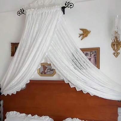 Elegant White Bohemian French Romantic Beaded Sheer Bed Canopy, Handmade Beaded Lace Headboard Curtain, Floral Ruffle Design With Stand Set, Cozy Bedroom Privacy Protection Curtain, Luxurious Jacquard Fabric, Polyester Curtain, Machine Washable, Bedding