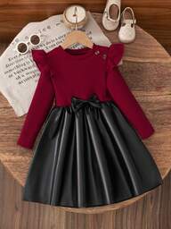 Young Girl Fashion Color Block Knit Striped Half Shoulder Button Long Sleeve Round Neck Bow Patchwork Faux Leather A-Line Hem Dress Set, Suitable For Daily, Home, Outdoor, Sports In Spring & Autumn