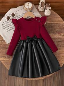 Set di abito a blocchi di colore in maglia a righe con spalla scoperta, maniche lunghe, collo rotondo, fiocco, patchwork in finta pelle, orlo a-line, adatto per uso quotidiano, casa, esterno, sport in primavera e autunno - Rosso e nero - Visualizzare 1