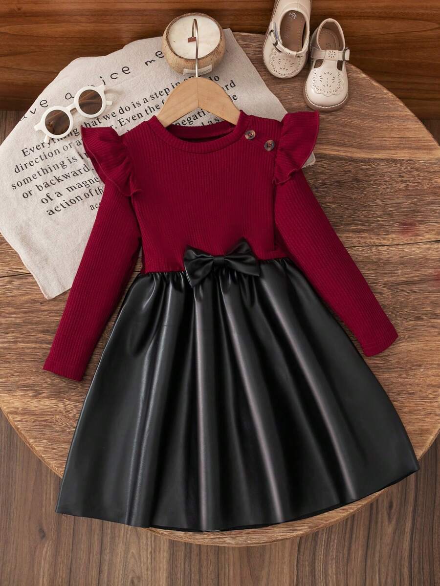 Set di abito a blocchi di colore in maglia a righe con spalla scoperta, maniche lunghe, collo rotondo, fiocco, patchwork in finta pelle, orlo a-line, adatto per uso quotidiano, casa, esterno, sport in primavera e autunno - Rosso e nero - Visualizzare 1