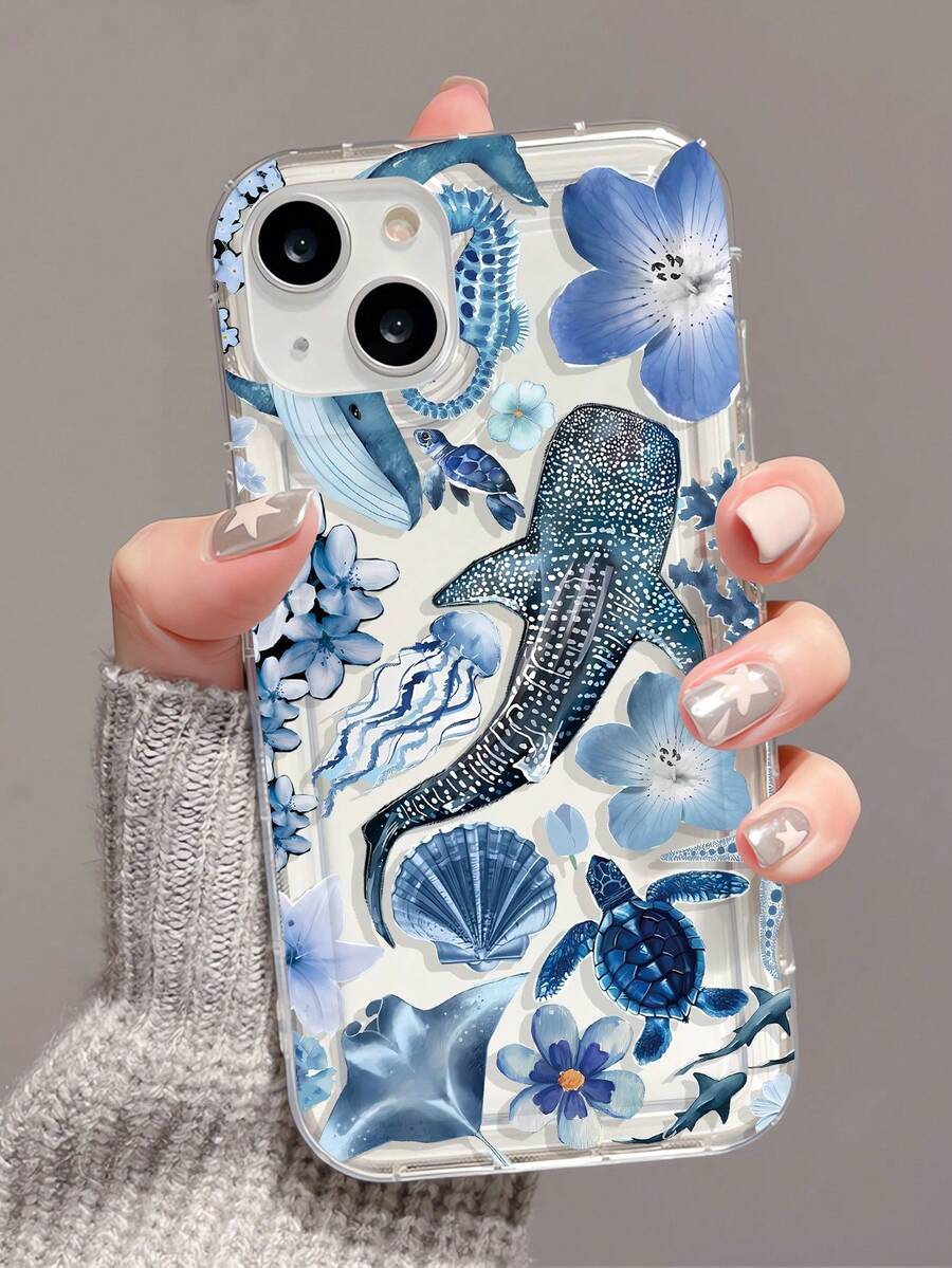 1pc Ocean Elements TPU Fashionable Personalized Whale, Starfish, Jellyfish, Coral Collage Pattern Transparent Cushion Shock-Absorbing Phone Case Compatible With IPhone 16/16Pro/16Plus/15/15ProMax/15Pro/11/12/13/14ProMax/12Mini/13Mini/11Pro/11ProMax/12Pro/12ProMax/13Pro/13ProMax/14Pro/14ProMax, Soft Case With Elegant Vibe Waterproof Anti-Fall Scratch Resistant Birthday - Multicolor - View 1