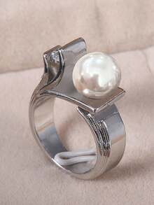 1 件优雅方晶锆石和人造珍珠戒指，适合女士结婚珠宝情人节礼物 - 銀色 - 查看 5