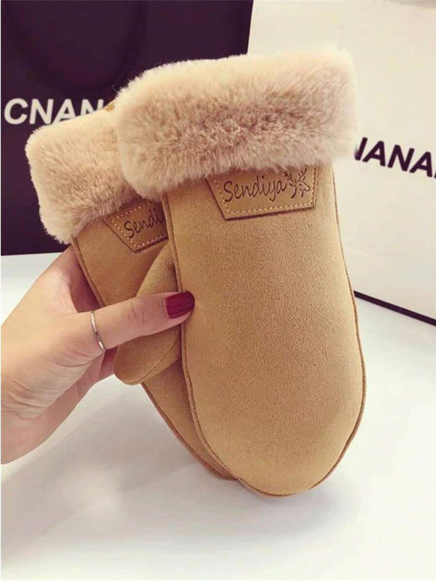 2pcs Women's Suede Fleece Gloves, Warm Windproof Touchscreen Gloves For Driving & Cycling In Autumn/Winter - Khaki - View 1