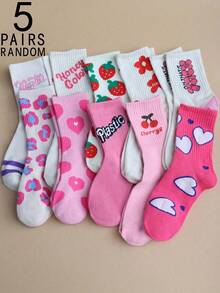 5雙隨機粉色時尚女大學風舒適透氣中筒襪，印有英式心形和草莓圖案 - 彩色 - 查看 2