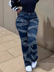 Y2K 90年代复古街头风修身喇叭牛仔裤，斜插口袋，高弹面料，做旧毛边裤脚，独特流苏设计，拼接嘻哈派对夜店风牛仔裤，秋季女装 - 原布藍 - 查看 1
