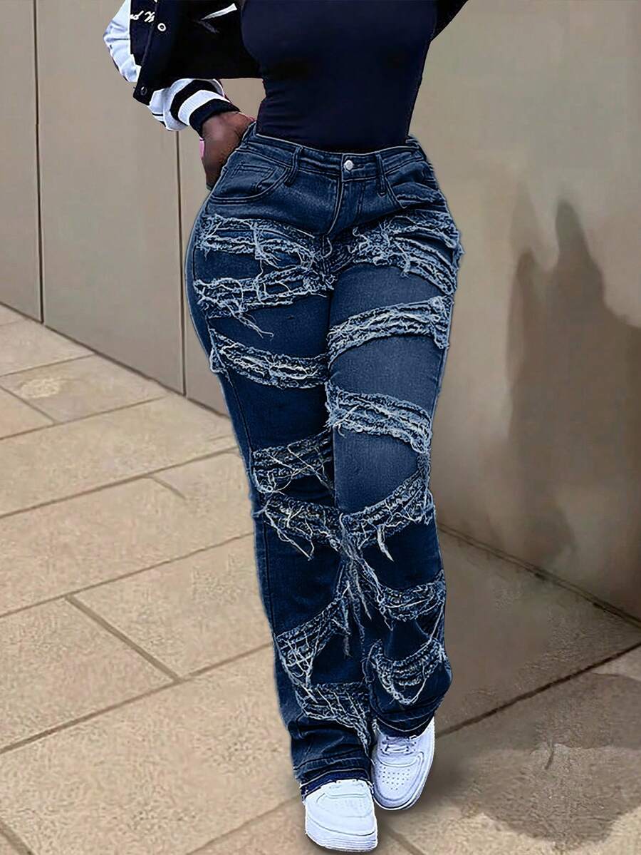 Y2K 90年代复古街头风修身喇叭牛仔裤，斜插口袋，高弹面料，做旧毛边裤脚，独特流苏设计，拼接嘻哈派对夜店风牛仔裤，秋季女装 - 原布藍 - 查看 1