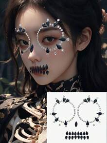 (One) Black And White Facial Diamond Sticker, Suitable For Carnival Parties, Masquerade Parties, Music Festivals, Halloween And Other Festivals. The Sparkling Gemstone Eye Face Rhinestone Sticker Is Decorated With Circular And Droplet Shaped Arrangements, Waterproof And Durable Simulation Personalized Self-Adhesive Diamond Sticker - Black and White - View 3