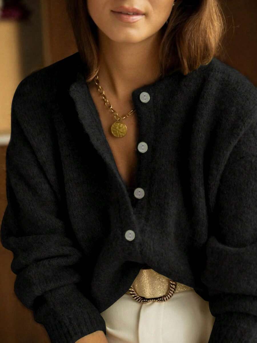 女士针织圆领长袖开衫，纽扣细节设计，简约经典休闲风格，适合日常穿着，秋冬毛衣，黑色 - 黑色 - 查看 1