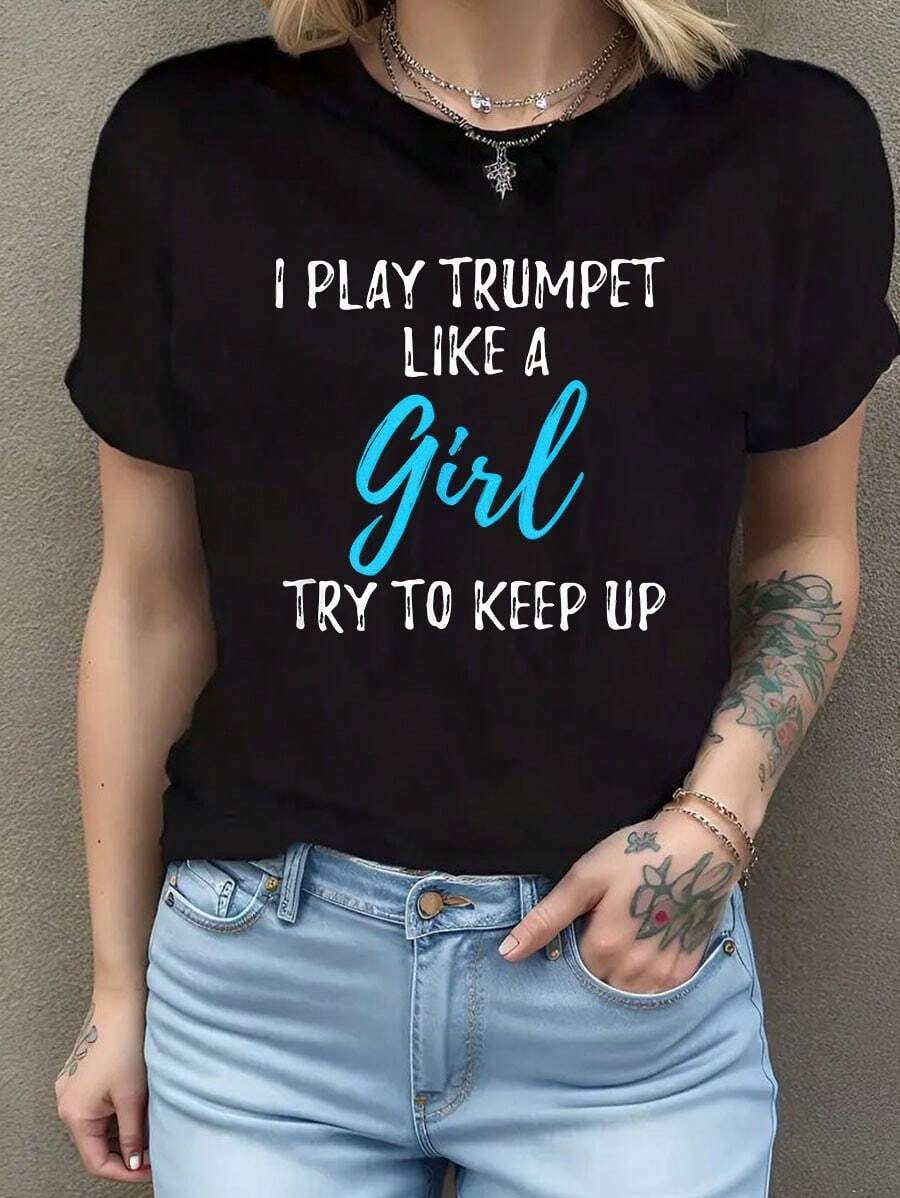 Camisetas divertidas con idea de regalo Toco la trompeta como una niña, camisetas casuales de moda para mujer, camisetas de cuello redondo a. Camiseta de manga corta de algodón de 220 g, impresión por una cara - Negro - Ver 1