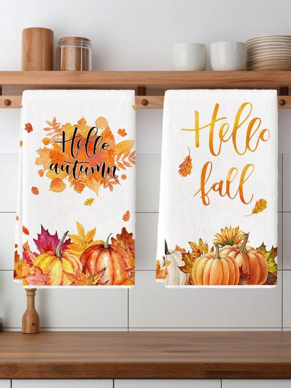 2 peças Decoração de Outono Ação de Graças Outono Folhas de Bordo Forma Olá Outono e Colheita Abóboras Pano de Limpeza de Cozinha Pano de Limpeza Padrão de Estilo Colorido Toalha de Chá de Mão Toalha de Mão de Banheiro Festa de Ação de Graças e Decoração de Feriado Decoração de Cozinha para Casa Suprimentos de Cozinha Decoração de Mesa Cozinha Secagem de Talheres Lavagem de Louça Adequado para Cozinha Restaurante Limpeza Diária Presente para Amigos