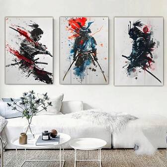 3PCS Japanese Samurai Sword Canvas Printed Posters, Asian Style Wall Arts, Abstract Warrior Painting, Suitable For Home, Restaurant And Dormitory Decoration Optional Frame