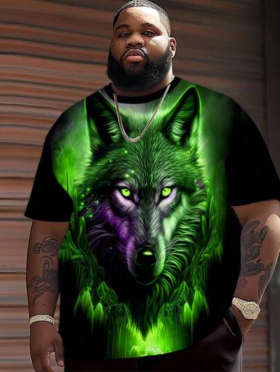 男士大码逼真狼头图案 T 恤，时尚大码蓝色灯光效果 T 恤，透气短袖