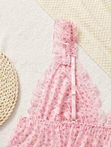 2 Pieces Women's Sexy Pink Floral Print Lingerie Set - Pink - View 4