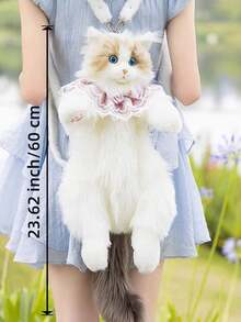 逼真的毛绒猫背包 - 可爱柔软的毛绒动物背包，配有可调节肩带，浅棕褐色