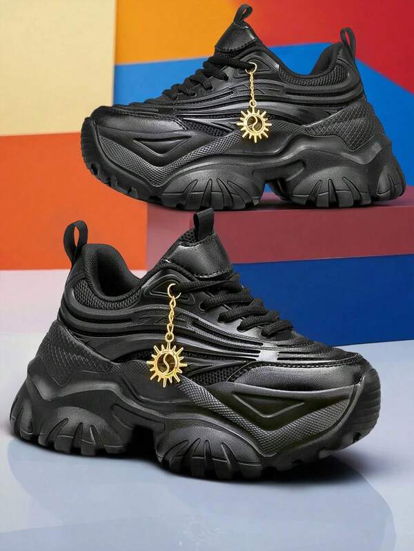 Sporty Front Chunky Sneakers For Women,Colorblock Round Toe Leather Lace-Up Shoes Women Lightweight Breathable Sneakers Women Shoes Anti-Slip Wear-Resistant Outdoor Sports Tennis Shoes Platform Shoes For Women,Comfortable Casual Women Shoes