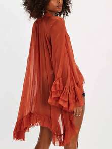 Women's Ruffled Tops Bow Tie Design Long Sleeve Peplum Lace Trim Chiffon Shirt Sheer V Neck Boho Ruffle Beach Blouse - 紅色 - 查看 4