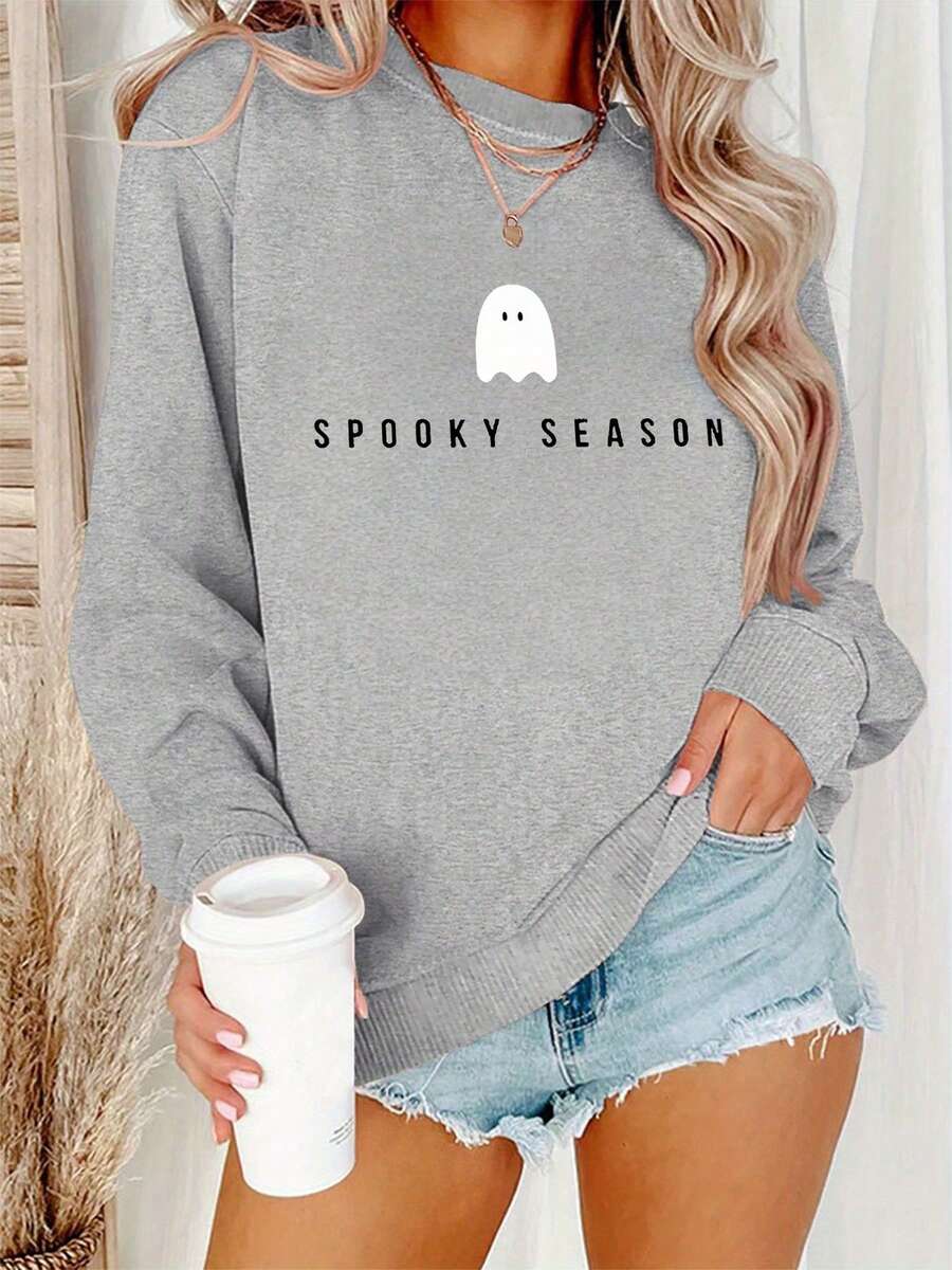 Women's Halloween Printed Crew Sweater-Soft And Comfortable Fabric, Machine Washable, Fall Long Sleeve Top, Casual Loose Sweatshirt, Stylish Design, Breathable Materials, Fashion Lovers Must Have, Women's Halloween Costume - 灰色 - 查看 1