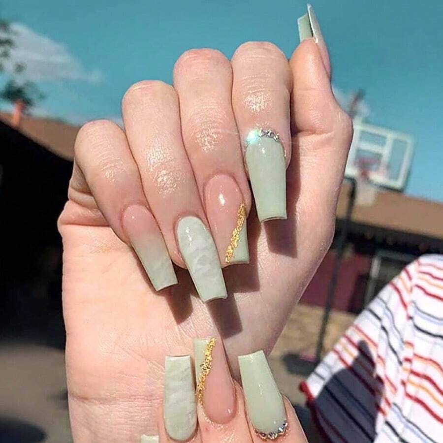 Fall Press On Nails Long Acrylic Almond Fake Green Full Cover For Women