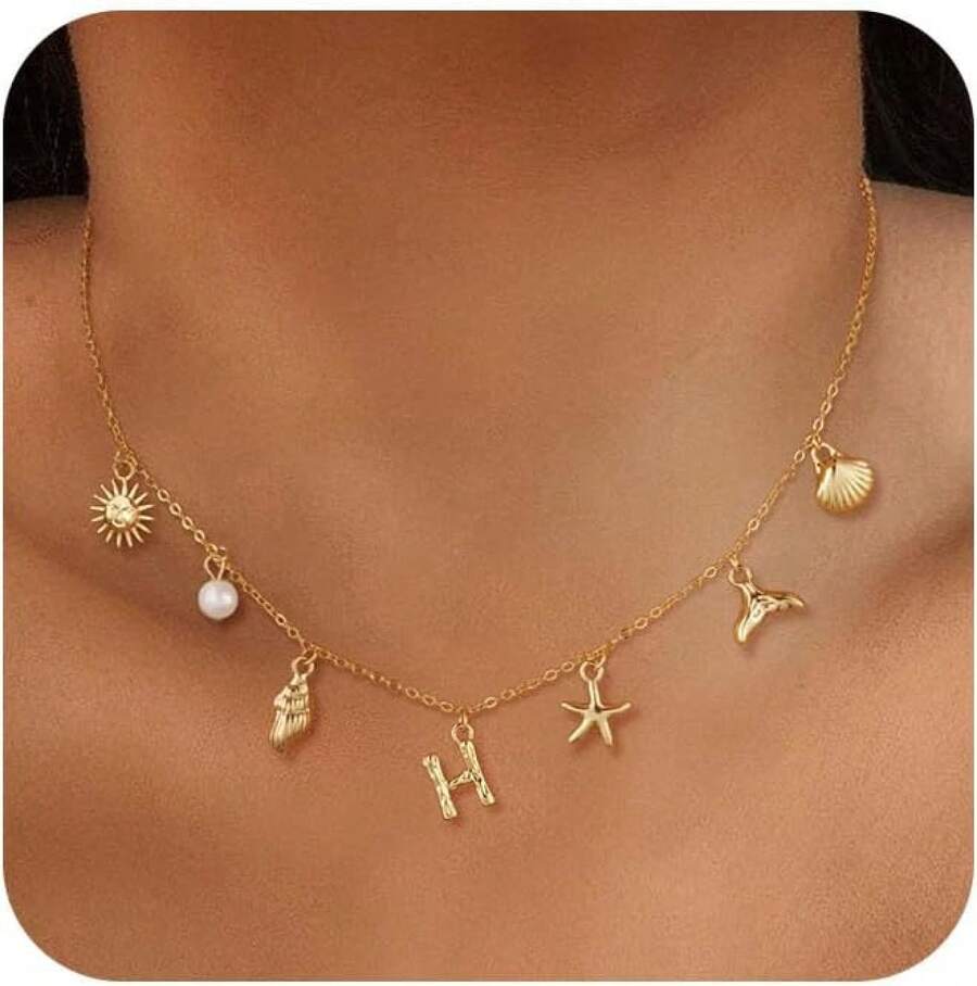CAROVO Gold Initial Charm Necklace Women Letter A-Z Necklace 14K Gold Plated Charm Pendant Necklace Boho Summer Seashell Beach Starfish Surfer Jewelry - h - 查看 1