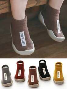 1 Pair Solid Color Anti-Slip Toddler Socks With Leather Sole, 0-4 Years Old