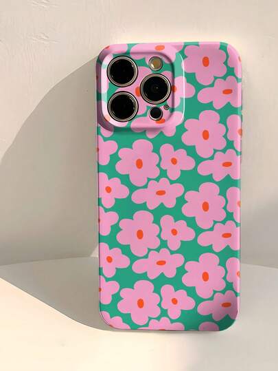 1pc Floral Print Glossy Perforated Faux Leather Full Body Hard Phone Case Compatible With IPhone 11/12/13/14/15/16 Pro Max