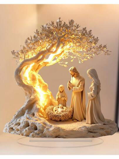 1pc Desktop Decoration Statue - Jesus Nativity & Tree Of Life Newborn Theme, Suitable For Home Decor, Bedroom Decor - Nativity Theme Decor, Made Of 2D Acrylic Material