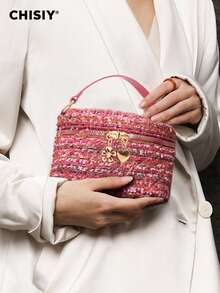 CHISIY Handmade Camouflage Military Green Drawstring Bucket Bag, Chain Shoulder Strap Crossbody Bag, Wild Girl Handbag, Zipper Closure Versatile Shoulder Bag, Suitable For Sexy Goddess, Can Be Used For Shopping, Parties, Gatherings, Campus, Gifts, Etc. - Rose Red - View 3