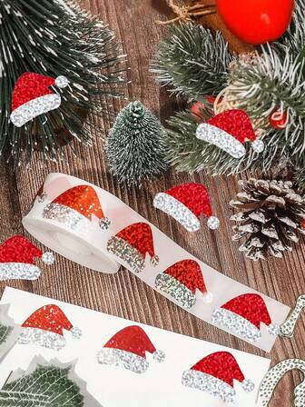 500 张/卷圣诞帽贴纸 - 防水、自粘红色和多色圣诞装饰，适用于信封、日记本和派对道具，节日贴纸 | 生动的贴纸设计 | 自粘贴纸 / 最佳圣诞礼物