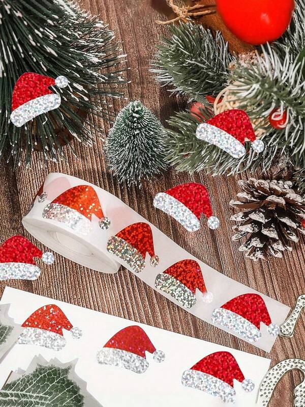 500 piezas/Rollo Pegatinas de Gorro de Navidad - Resistentes al agua, Autoadhesivas Rojas y Multicolor, Decoraciones Navideñas, Adecuadas para Sobres, Diarios y Accesorios de Fiesta, Pegatinas Navideñas | Diseño de Pegatinas Vívido | Pegatinas Autoadhesivas / Mejor Regalo de Navidad
