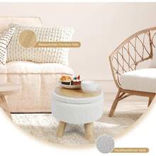 Round Teddy Boucle Storage Ottoman Foot Stool, Soft Sponge Foot Rest With Wooden Legs, Small Upholstered Storage Bench For Entryway, Bedroom, Living Room & Couch - White - View 6