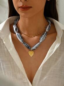 1-2pcs Flower Heart Deco Scarf Necklace, Leopard Print Multi Chain Layed Women Necklace, Daily Vacation Accessory, Women Gift