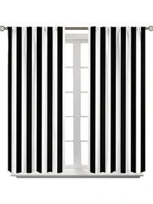 2pcs Classic Black & White Striped Curtains - Elegant 100% Polyester Drapes, Semi-Transparent, Machine Washable - Available In Various Sizes For Living Room, Bedroom, Office, Kitchen, Study Decor, Curtains For Living Room,Versatile Decorative Curtains - Multicolor - View 16