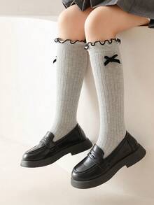 1 双/3 双儿童秋冬及膝袜，黑白灰色蝴蝶结装饰，校园风格女童蕾丝边长袜