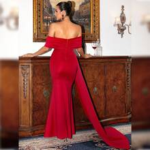 Europäisches und amerikanisches elegantes rotes Satin Off-Shoulder Socialite Kurzarm langes hochwertiges trägerloses Abendkleid