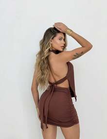 HIGH NECK RUFFLED HONEST BLOUSE, CASUAL, ELEGANT, VERSATILE, COMFORT AND SENSUALITY, BASIC BLOGGER FASHION - Rust Brown - View 2