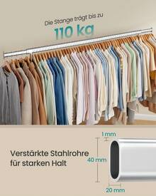 SONGMICS Kleiderständer auf Rollen, Garderobenständer, hochbelastbar, ausziehbare Kleiderstange, bis 110 kg belastbar, 45 x (160-200) x 162,9 cm, aus Metall, verchromt, silbern - Silber - Übersicht 2