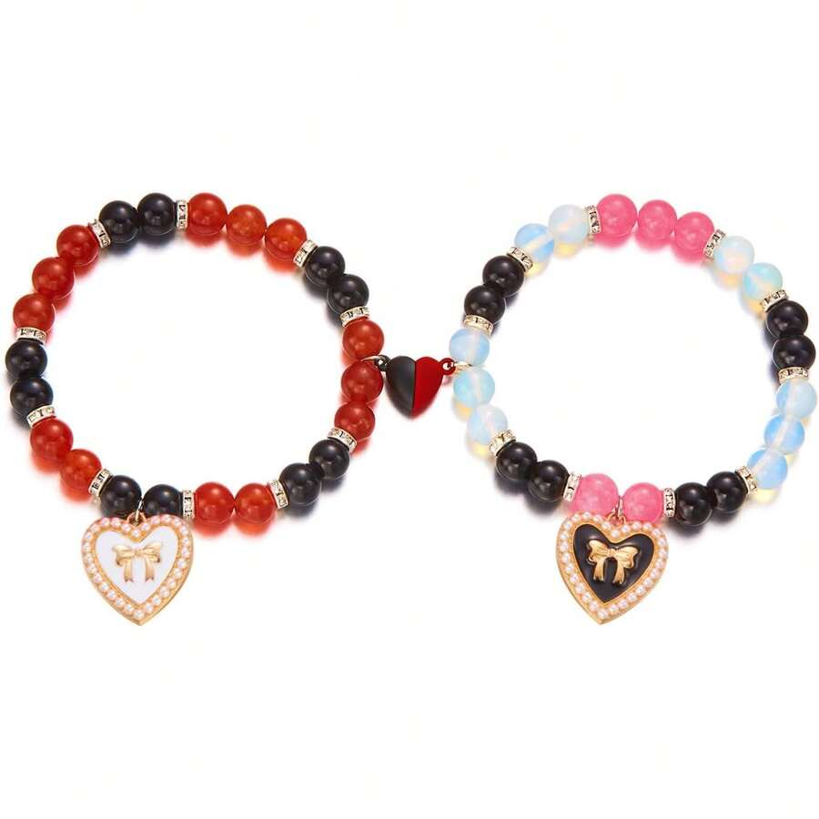 2Pcs Couple Friendship Bracelets Colorful Love Heart Matching Bracelets Y2k Mutual Attraction Heart Glass Beaded Elastic Bracelet For Women Men Relationship Jewelry Gifts - (黑+紅)3 - 查看 1