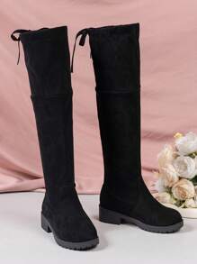 1 Pair Girls' Over-The-Knee Boots, Solid Color, Suede Material, Lace-Up Heel, Round Toe, Low Chunky Heel, Fashion Versatile, Elastic Boots, Suitable For Daily Wear