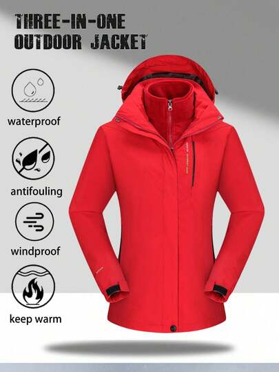 1 Set Women's Outdoor Sports Mountaineering Skiing Hiking Camping Windproof Waterproof Thermal Lined 3-In-1 Jacket And Fleece Jacket, Black,Winter