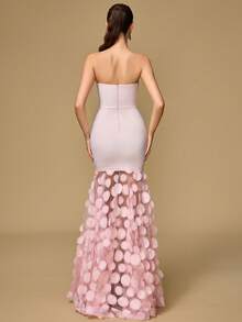 Damen schulterfreies einfarbiges, körperbetontes, mit Mesh-Saum verziertes Ballkleid, geeignet für Bankette, Cocktailpartys und andere Anlässe - Pink - Übersicht 2